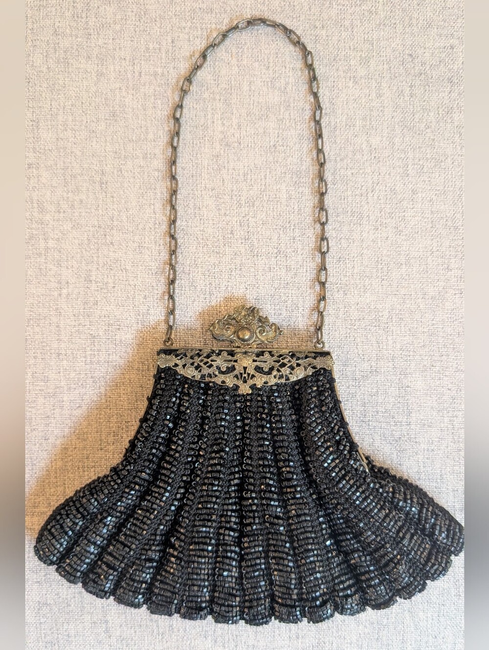 Antique 1910-20s Black Glass Micro Hand Bead Purse Filigree Frame Chain Flapper